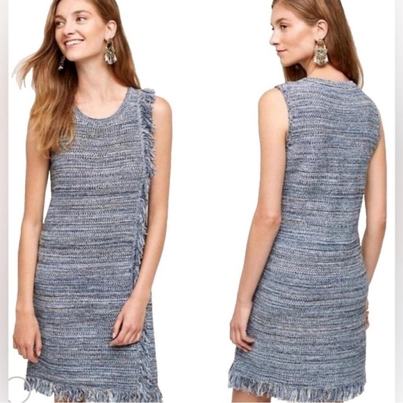Anthropologie Holding Horses Blue Knit Sweater Dress Fringe Tweed Boho, size XS - Picture 11 of 12